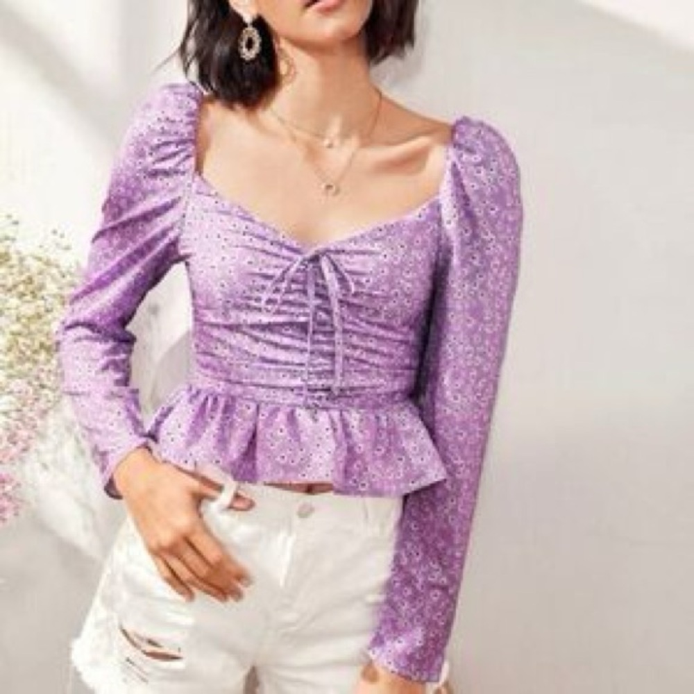 Zara Purple Ruched Ruffled Blouse - Picture 2 of 5